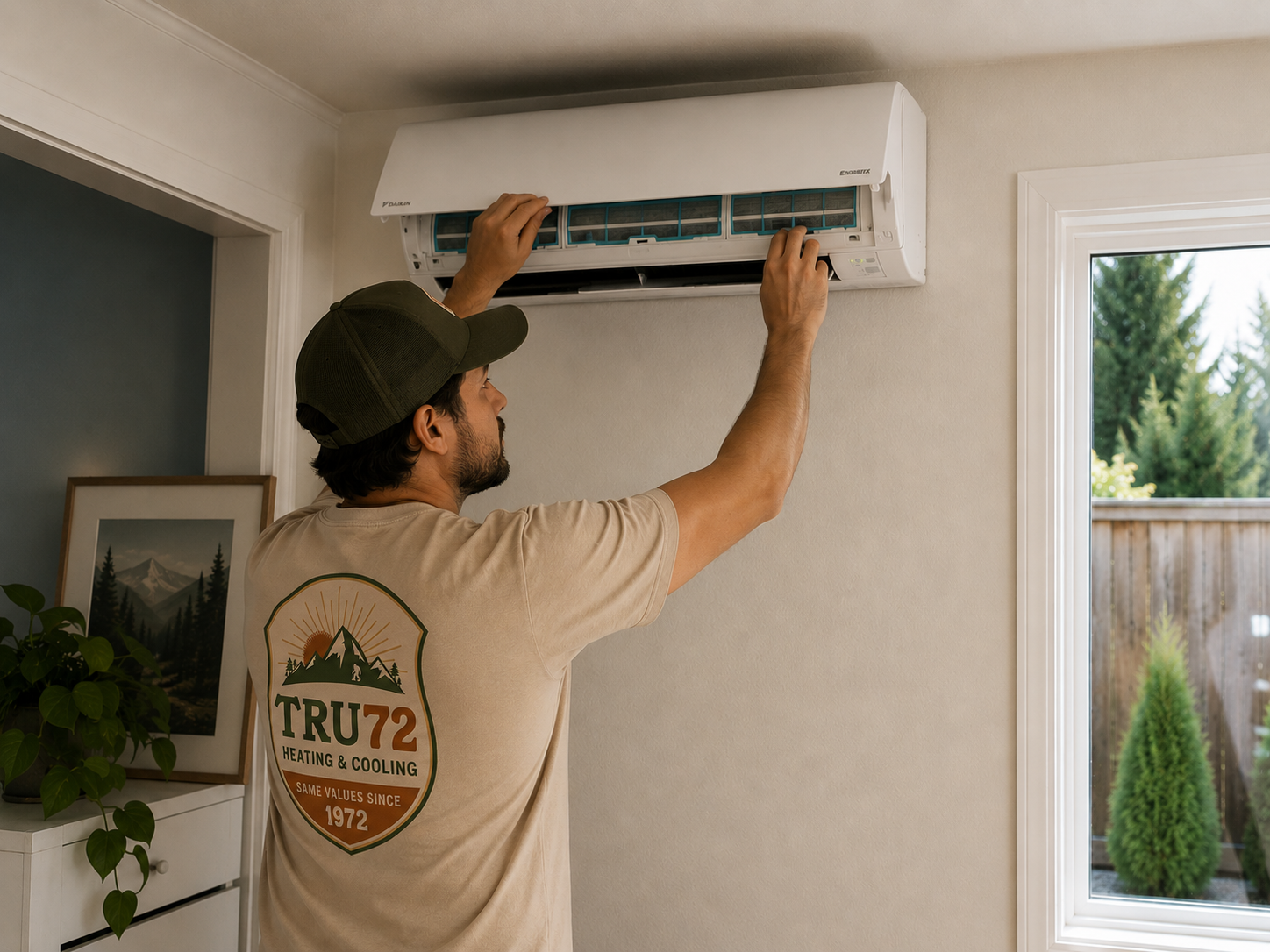 Tru72 technician installing a ductless mini-split head in a Portland-area home